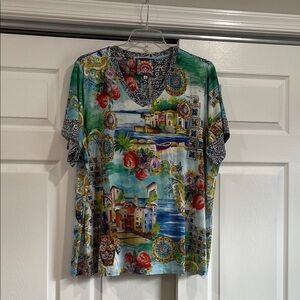 Johnny Was Floral and Scenic Print Top